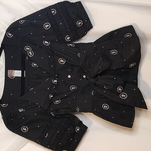 Anthropologie "Rose Cameo Blouse - black w cream embroidered flowers